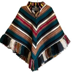 Artisan Made Youth/Pre-Teen's Multicolored Fringed Poncho Brazil Vintage 70s